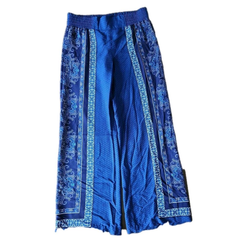 Vintage Y2K Cache Women's Blue Paisley Wide Leg Elastic Waist Pants Size 4 Euc